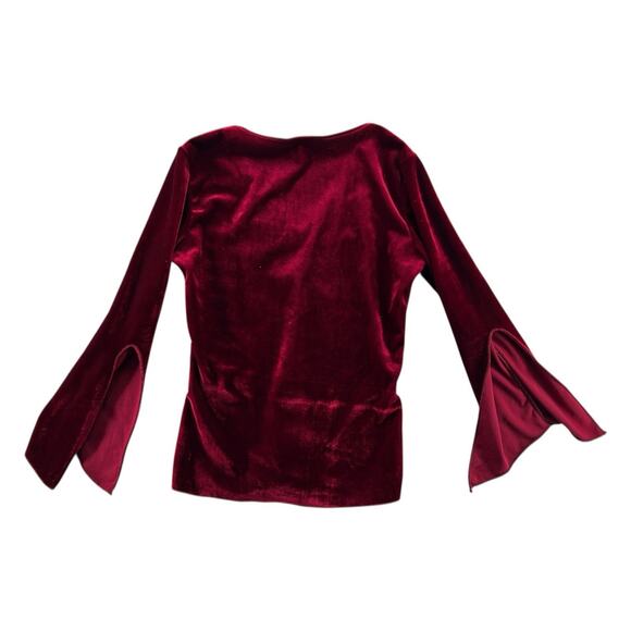 Vintage 90s Y2K Top Red Floral Velvet Bell Sleeve Romantic Grunge Witchy Goth M - Picture 3 of 7